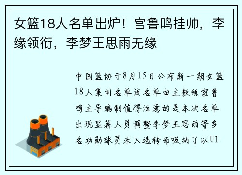 女篮18人名单出炉！宫鲁鸣挂帅，李缘领衔，李梦王思雨无缘